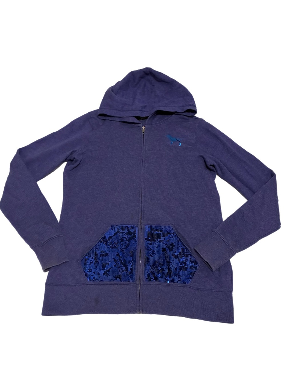 PINK Victoria's Secret Blue Zip-Up Hoodie Sweater Sequin Pockets Size Small